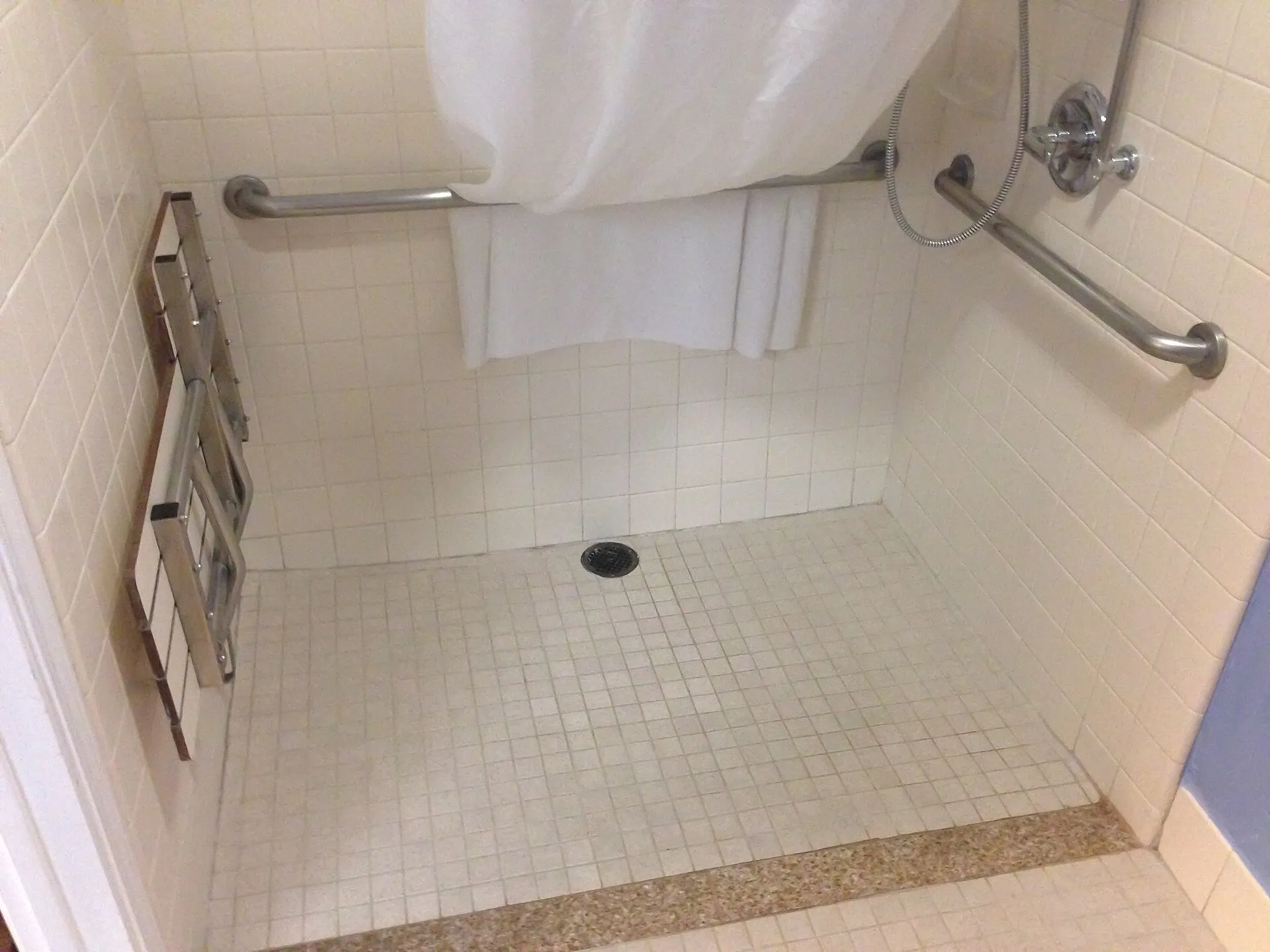 Tiled roll-in shower with no curb, a fold-down seat on one wall, stainless grab bars on two walls and a handheld shower head